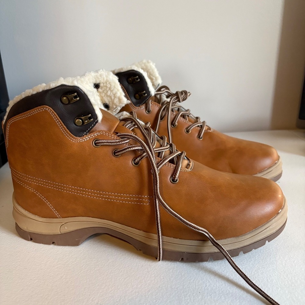 ANEFUN Mens Brown Snow Winter Boots Lace Up‎ Fur Lined Size 11